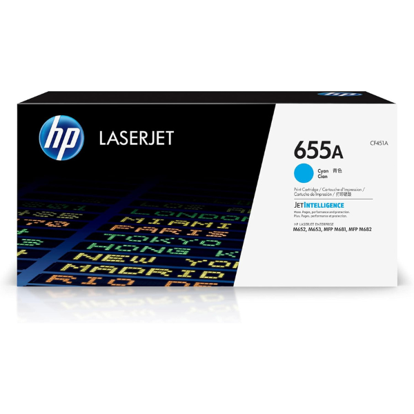 HP 655A Cyan Original LaserJet Toner Cartridge CF451A – 10,500‑Page Yield, JetIntelligence High‑Accuracy Colour